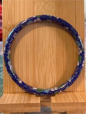Vintage Blue Cloisonné Floral Bangle Bracelet